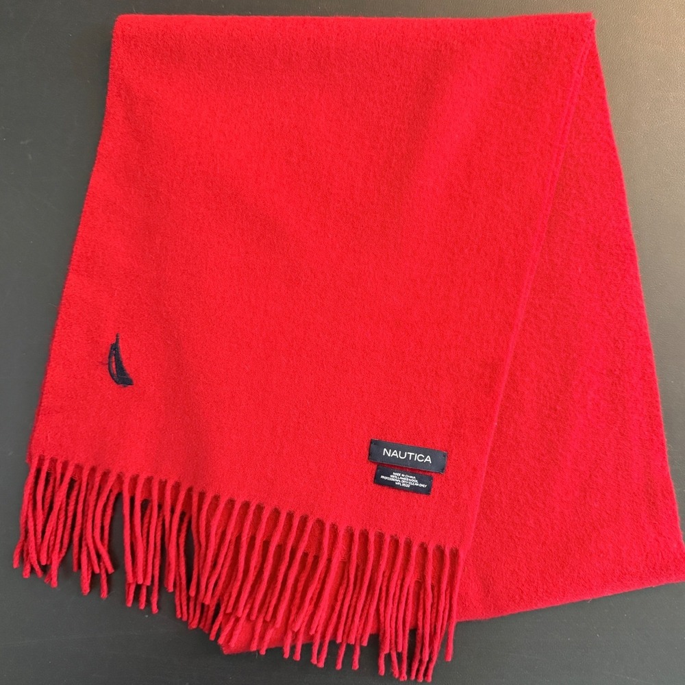Nautica Red Lambswool Scarf Embroidered Logo Fringed Winter Accessory